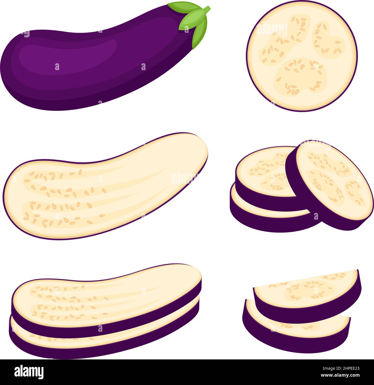 Aubergine, légume entier, moitié et tranches, illustration vectorielle Illustration de Vecteur