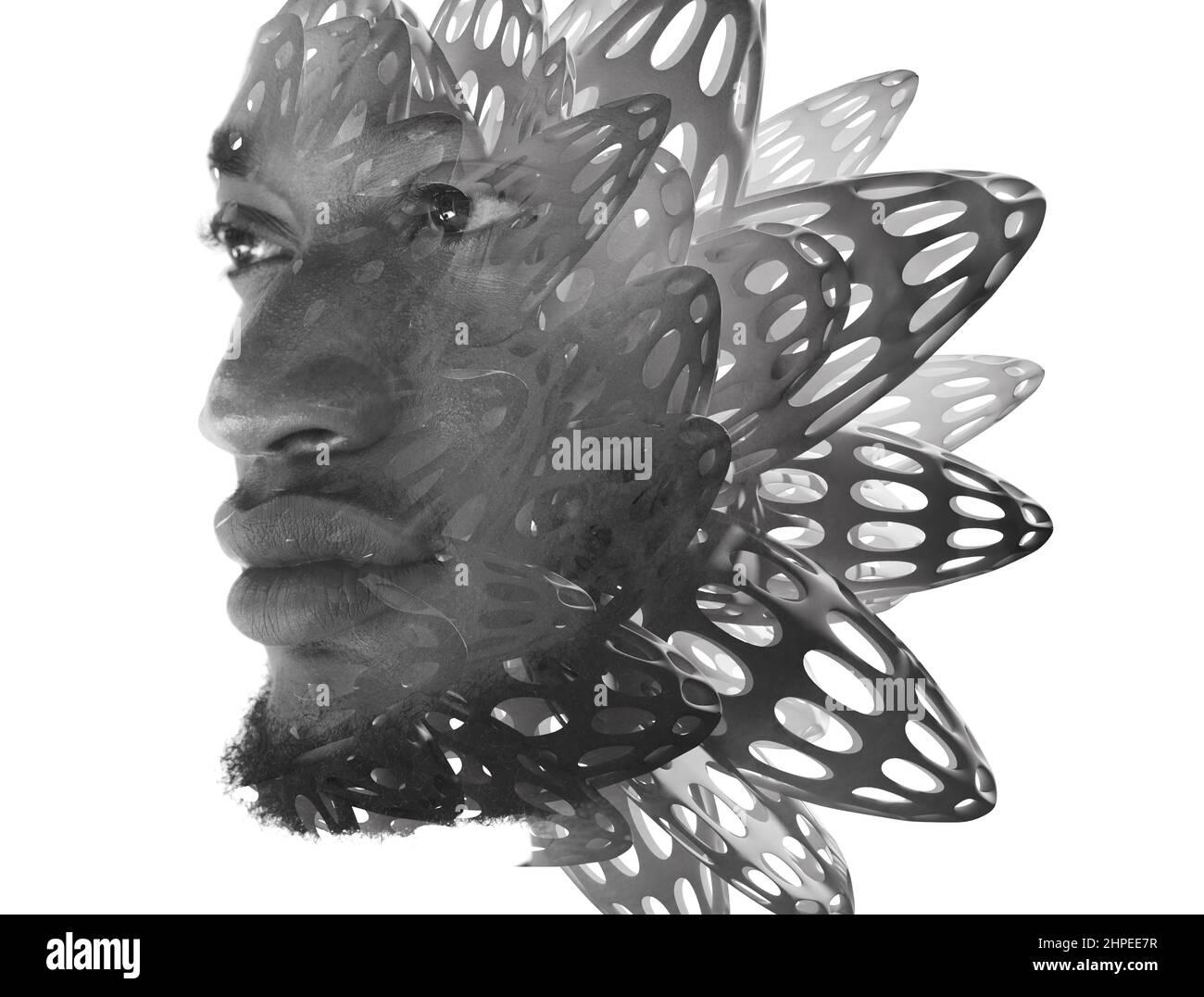 Un portrait noir et blanc d'un homme combiné à diverses figures de 3D. Banque D'Images