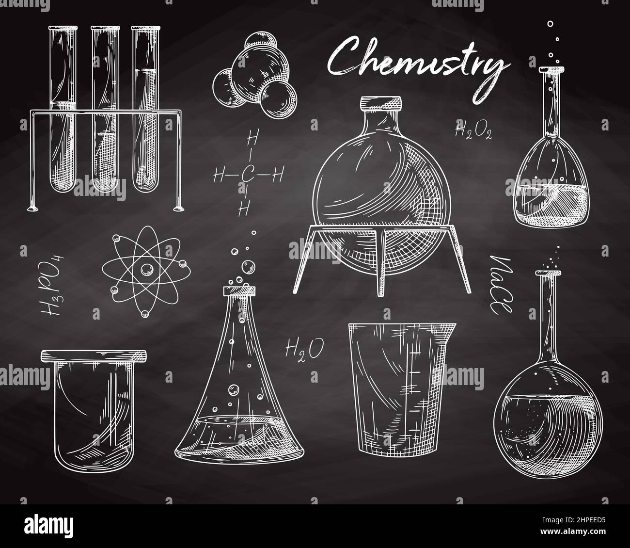 Jeu de différents flacons pharmaceutiques, béchers et tubes à essai. Croquis d'objets de laboratoire chimique sur un tableau de craie. Symbole de découverte et de chimie Illustration de Vecteur