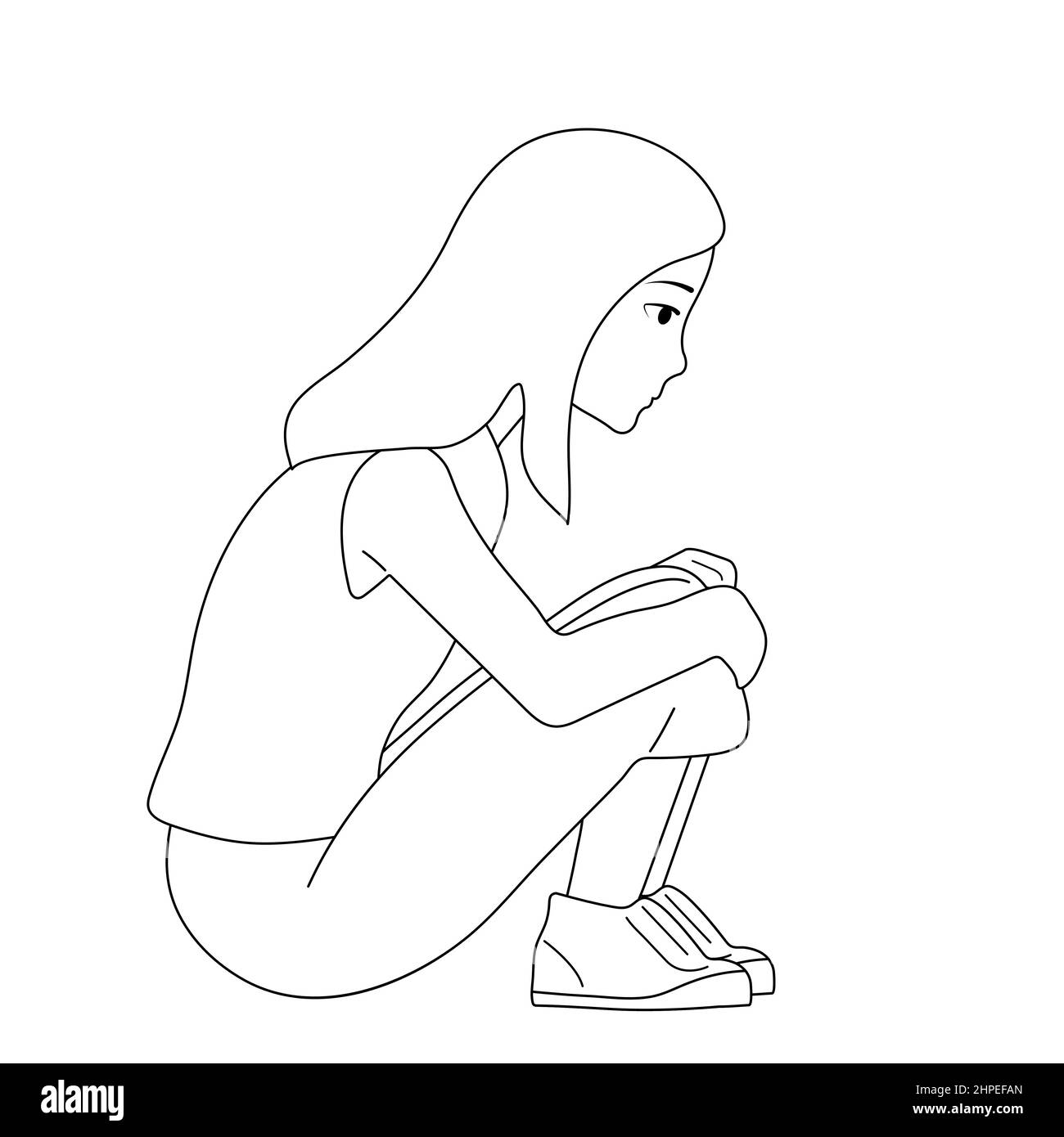 Image en noir et blanc. Effrayée, dépressive, triste fille semble solitaire. Illustration vectorielle d'un enfant sans défense, effrayé. Anxiété et peur. Dos blanc Illustration de Vecteur