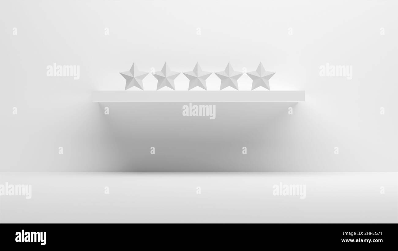 Cinq étoiles sur une étagère montée sur un mur blanc. Le concept 3D de satisfaction client ou de satisfaction client à cinq étoiles est rendu. Banque D'Images