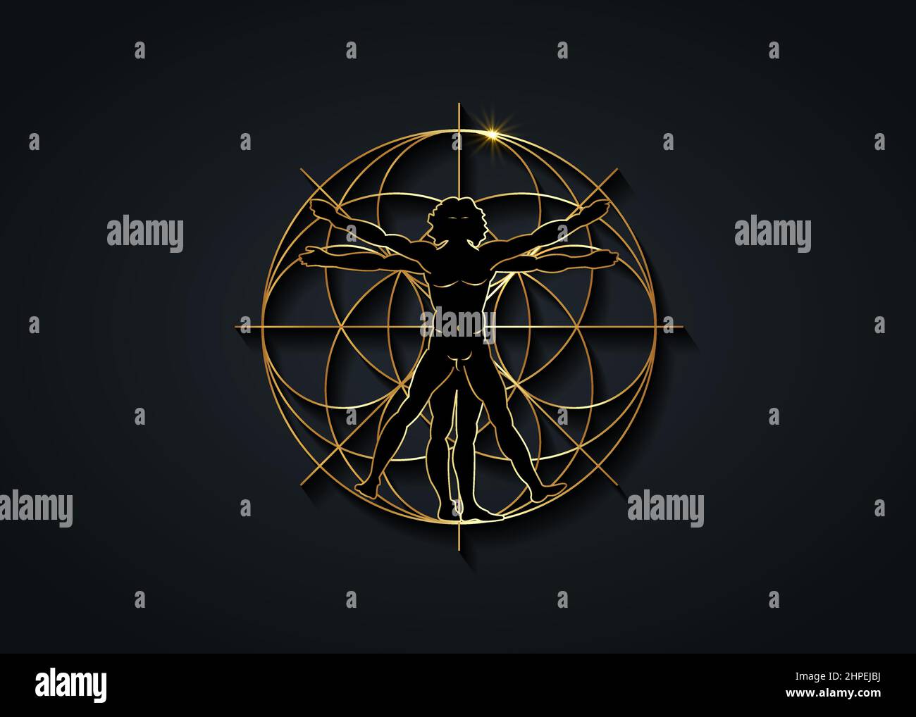 Symbole or géométrie sacrée. L'homme vitruvien. Dessin détaillé sur la base de l'art doré de Léonard de Vinci, vecteur isolé sur la couleur noire Illustration de Vecteur