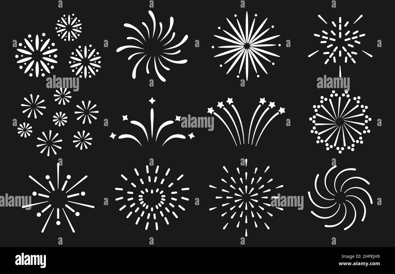 Ensemble d'icônes de silhouette de contour de ligne de feu d'artifice. Icônes de coeur, étoiles, lignes, tourbillons, rayures, éclabousse le pétards, le sparkler, le salut, le pétard. Décor pour les fêtes, le nouvel an et l'anniversaire. Vecteur Illustration de Vecteur