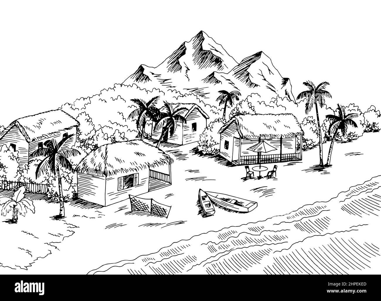 Village mer graphique noir blanc baie paysage esquisse illustration vecteur Illustration de Vecteur