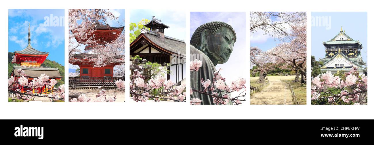 Ensemble de bannières verticales avec des points de repère du Japon. Le château d'Osaka, la statue du Grand Bouddha, les sakura en fleurs dans le jardin Koishikawa Korakuen, Okayama. SAK Banque D'Images
