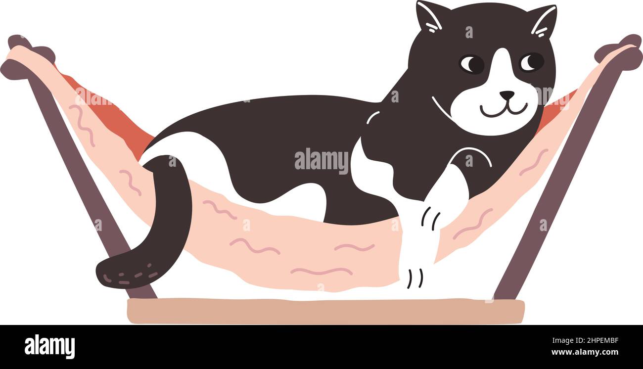 Un chaton endormi noir et blanc se trouve dans un lit pour animaux. Le charmant chat fatigué se repose dans un hamac de chat rose. Adorable animal à pois, sans pinces. Illustration à vecteur de couleur isolée sur fond blanc. Illustration de Vecteur