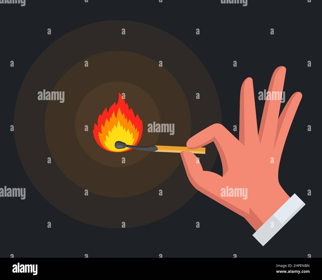 une main tient une allumette brûlante pour éclairer sa trajectoire. illustration vectorielle plate. Illustration de Vecteur