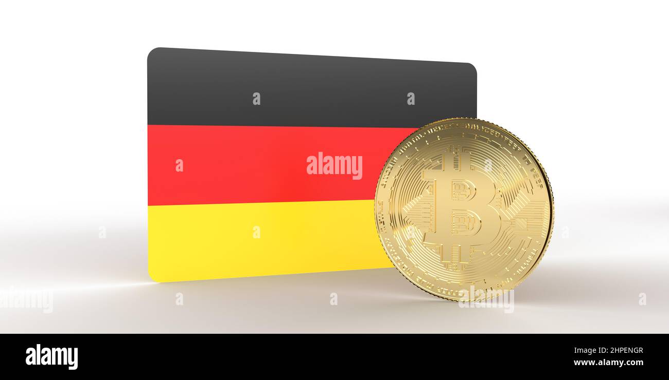 Drapeau national de l'Allemagne avec pièce de monnaie crypto-monnaie métallique en bitcoin dorée. 3D rendu sur fond blanc financier avec espace de copie. Échange en ligne Banque D'Images Drapeau national de l'Allemagne avec pièce de monnaie crypto-monnaie métallique en bitcoin dorée. 3D rendu sur fond blanc financier avec espace de copie. Échange en ligne Banque D'Images