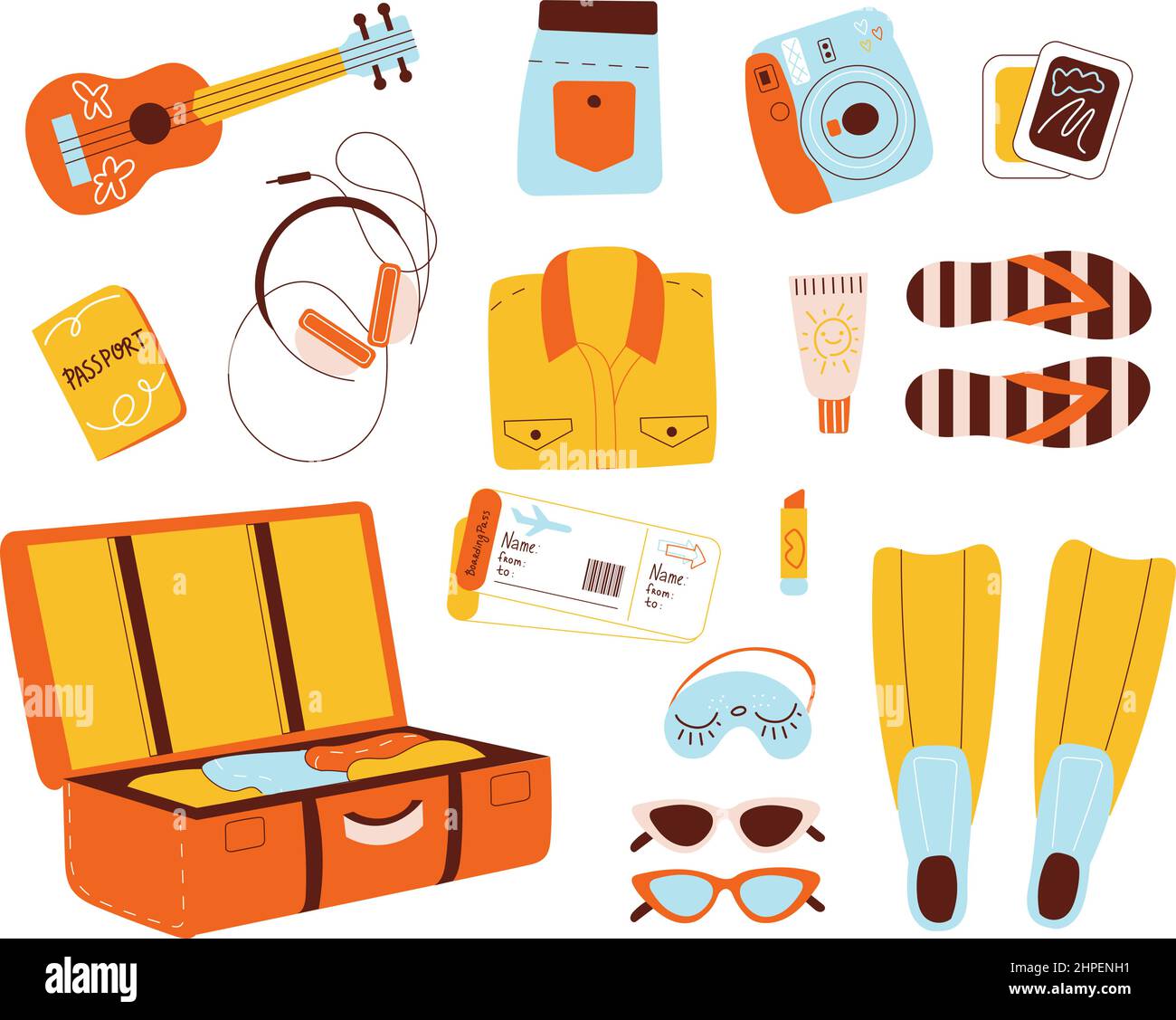 Articles de voyage. Éléments de voyage confortables, accessoires de vacances d'été, valise, billets et documents, ukulele et tongs, station balnéaire Illustration de Vecteur