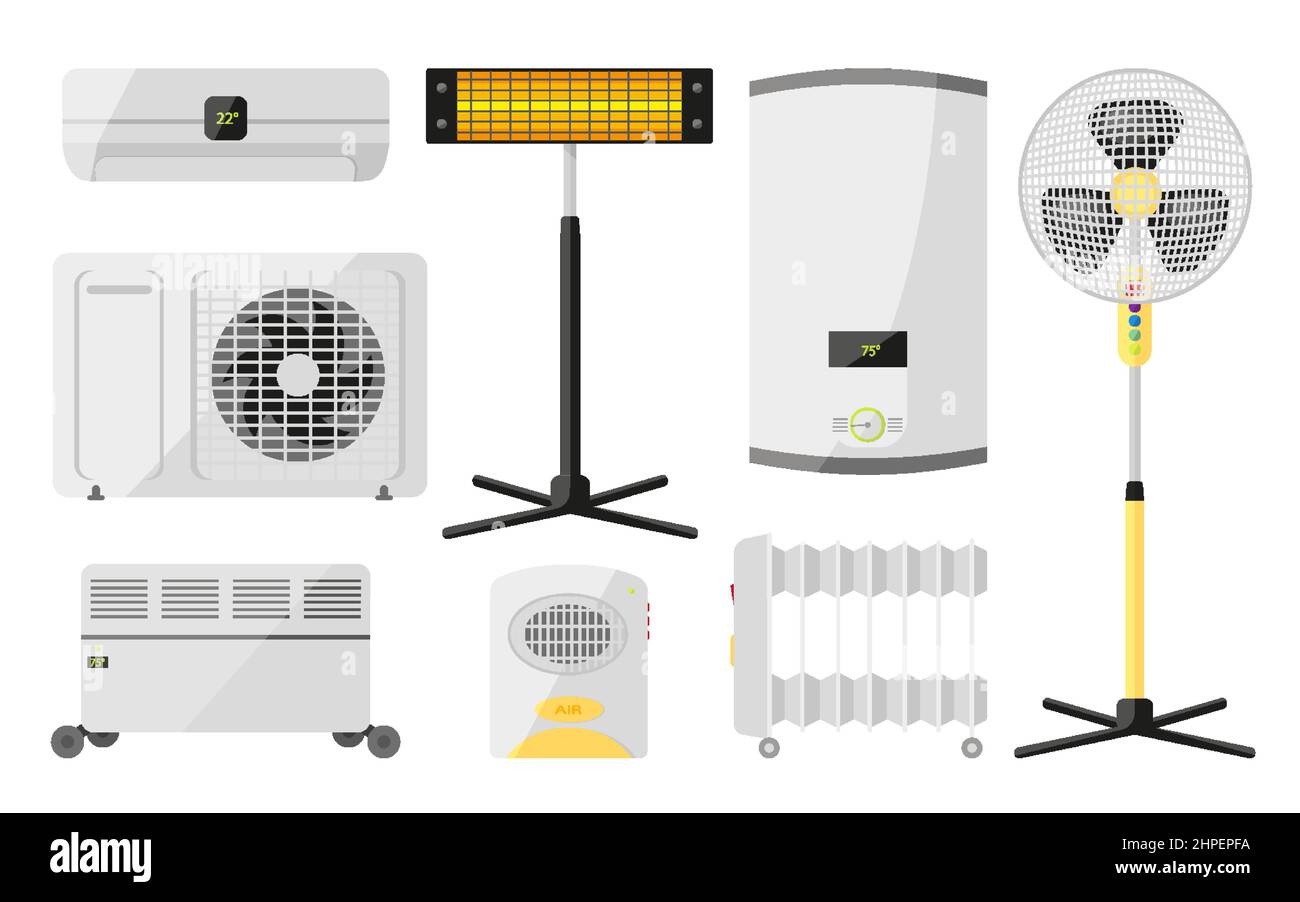 Kit de contrôle de la température pour appareils ménagers. Chauffage refroidissement purification chaudière chauffage électrique infrarouge ventilateur SMART grand gadget de maison aide ceux qui surveillent la salle d'air isolé sur blanc Illustration de Vecteur