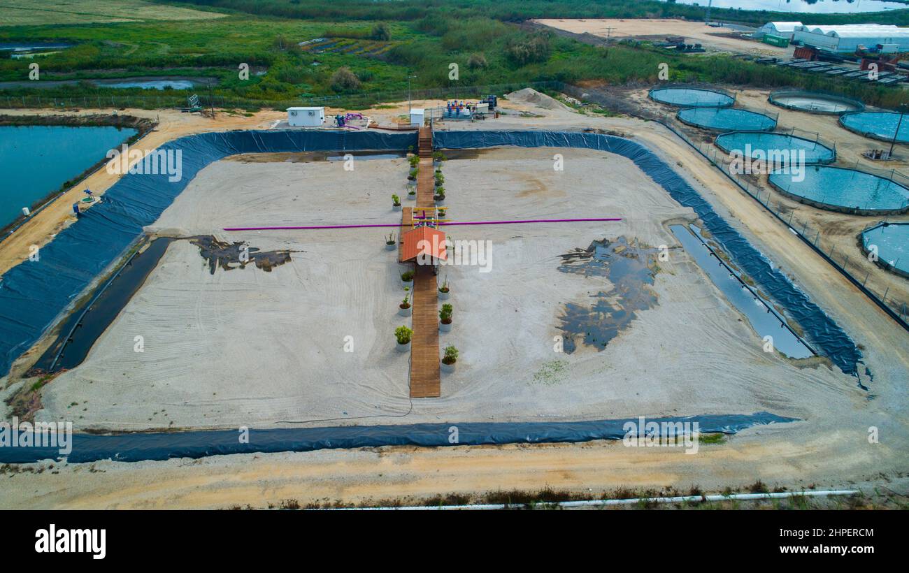 Photographie aérienne de l'usine de traitement des eaux usées. Purification de l'eau pour l'agriculture Banque D'Images