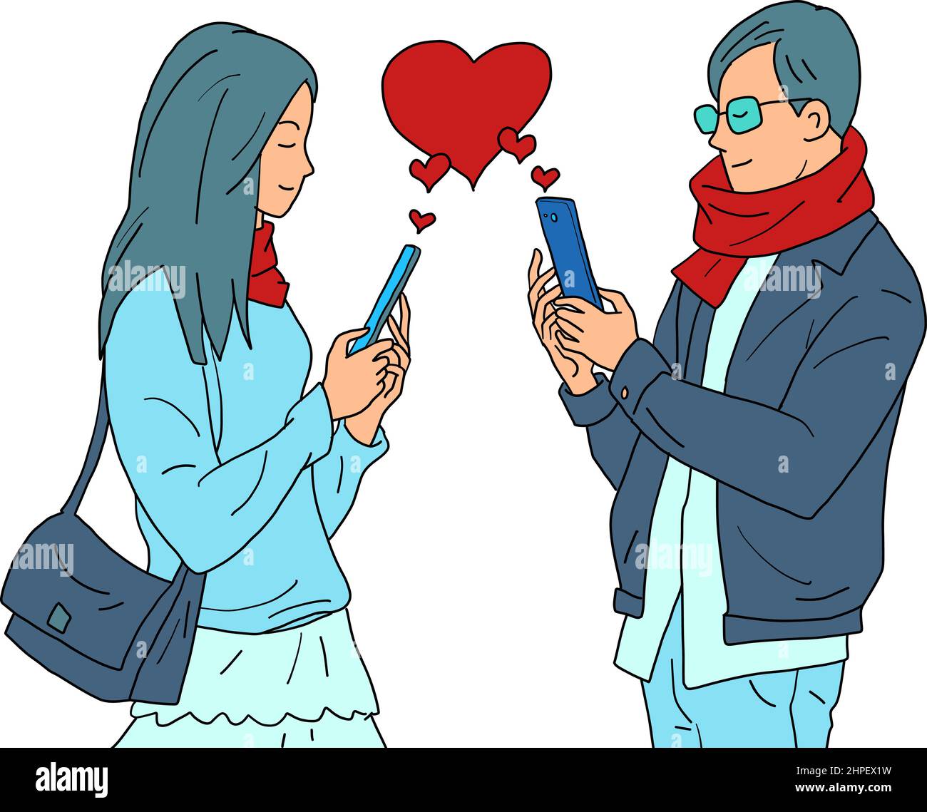 amour valentine coeur rouge un couple d'un homme et une femme avec des téléphones, dépendance sur les réseaux sociaux en ligne Illustration de Vecteur