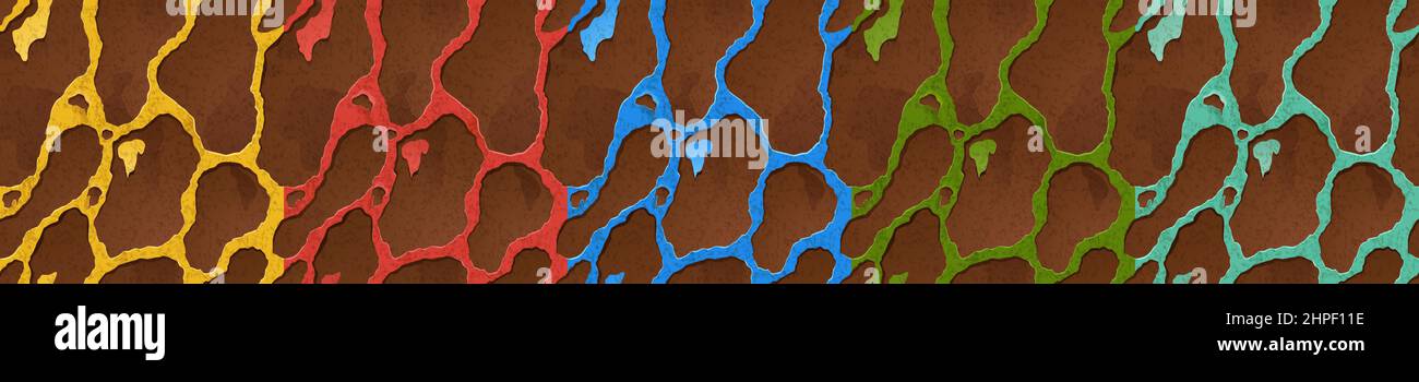 Texture en métal rouillé avec trous, motif de jeu de rouille. Fond vectoriel sans couture, peintures rouges, jaunes, bleues, vertes et turquoise et taches ferrugineuses sur surface métallique rugueuse, illustration de dessin animé, ensemble Illustration de Vecteur