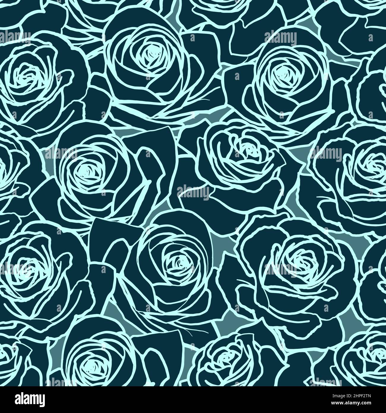 Motif vectoriel sans couture. Contour bleu marine fleurs roses sur fond sombre Illustration de Vecteur