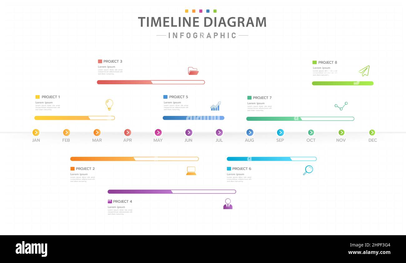 Modèle d'infographie pour les entreprises. Calendrier de diagramme de la Time-Line moderne de 12 mois avec barre de progression, infographie de vecteur de présentation. Illustration de Vecteur
