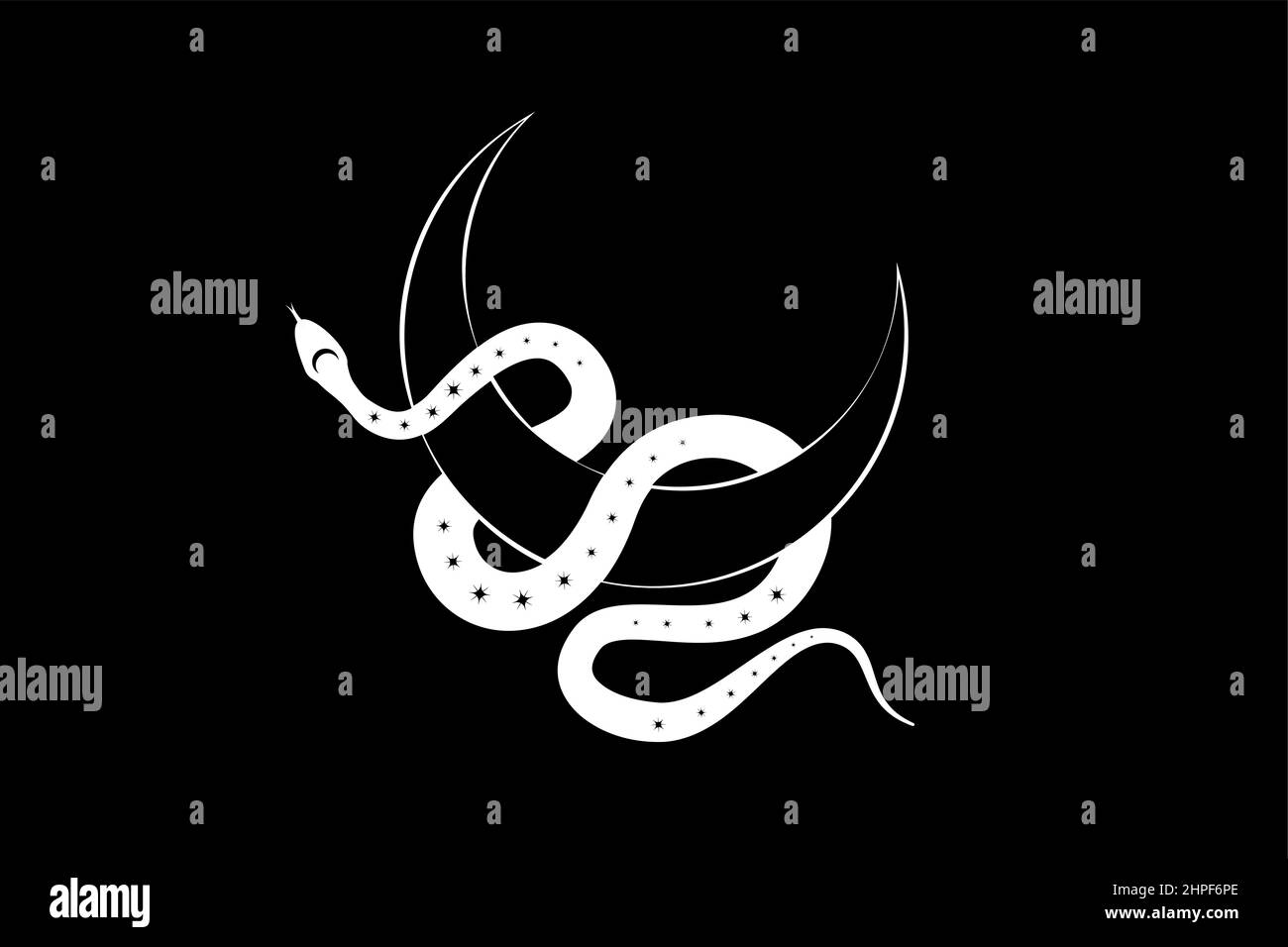 Serpent blanc sur la Lune mystique du croissant magique. Géométrie sacrée, symbole de la déesse céleste païenne de la wiccan. Demi-lune wicca bannière signe, tatouage, cercle d'énergie, Illustration de Vecteur