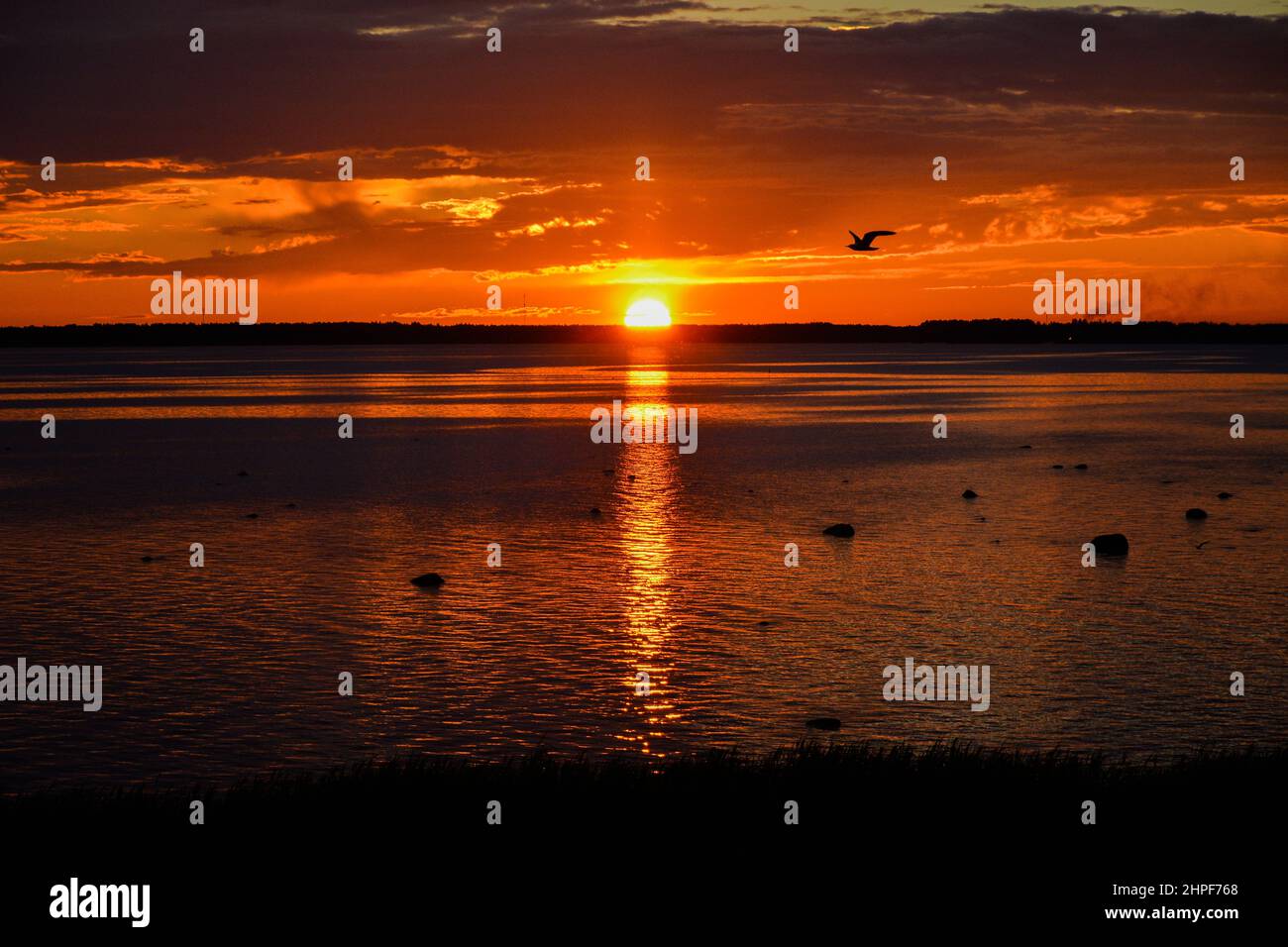 Soleil de minuit au solstice d'été à Oulu, fin Banque D'Images