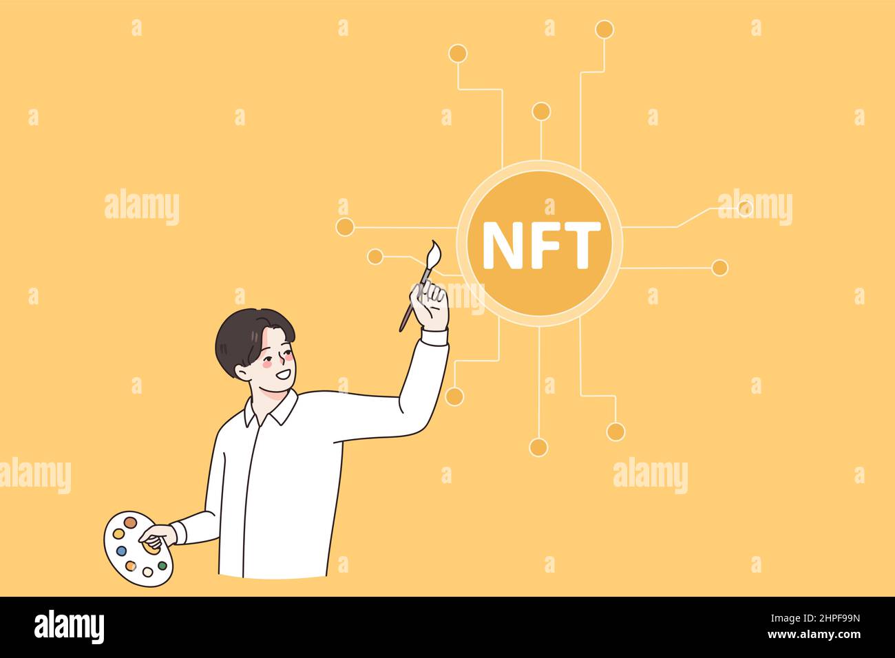 Homme artiste avec le symbole NFT de douleur de brosse vendant crypto-monnaie sur la bourse. Les investisseurs masculins font du crypto sur Internet dans le cadre de la soumission de jetons non fongibles. Illustration vectorielle plate. Illustration de Vecteur
