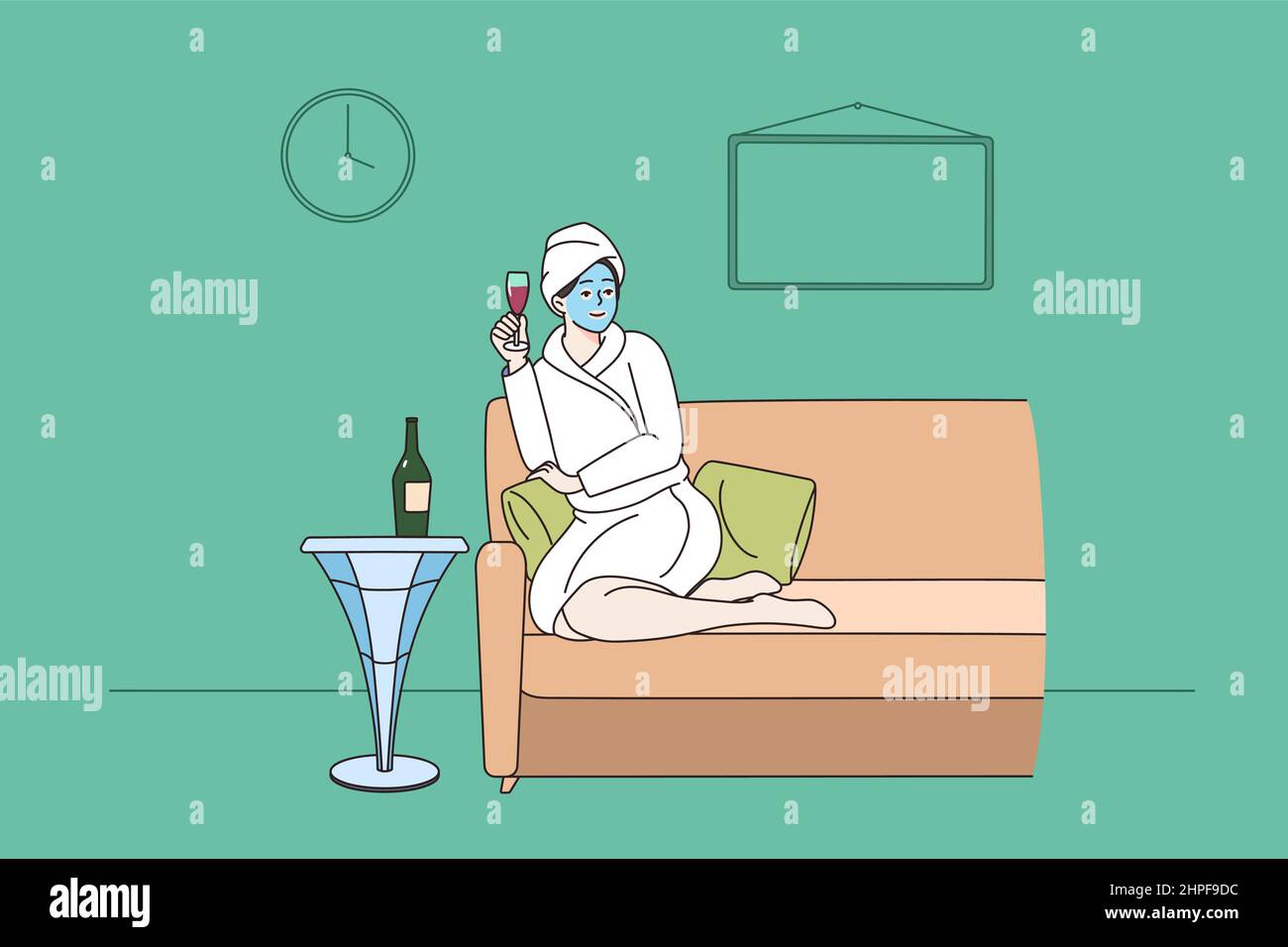 Femme heureuse en peignoir détendez-vous sur le canapé au spa avec une coupe de champagne. Profitez d'un week-end de loisirs seul. Fille souriante avec masque sur le visage ont la journée en saloon. Concept du jour de la beauté. Illustration vectorielle. Illustration de Vecteur