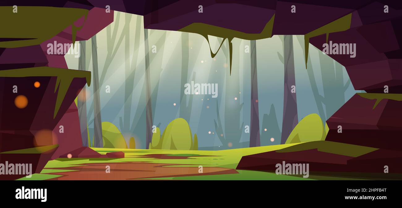 Entrée de la grotte de la jungle, trou dans la roche avec arbres verts, herbe, mousse et lianas suspendus vue de l'intérieur. Arrière-plan de dessin animé avec tunnel souterrain caché ou caverne, paysage de la nature, illustration vectorielle Illustration de Vecteur