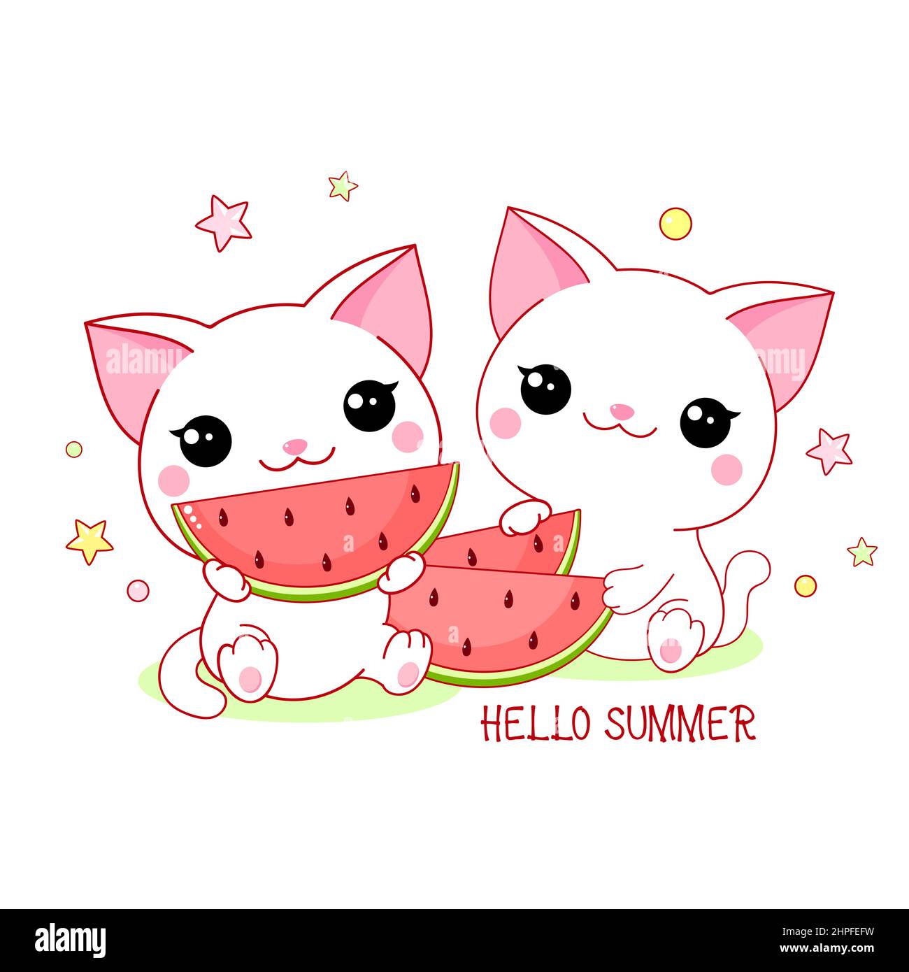 Deux chats blancs mignons avec de la pastèque. Inscription Bonjour été. Le petit kitty kawaii est heureux de manger de la pastèque. Bonne heure d'été. Les amis ont pique-nique Illustration de Vecteur