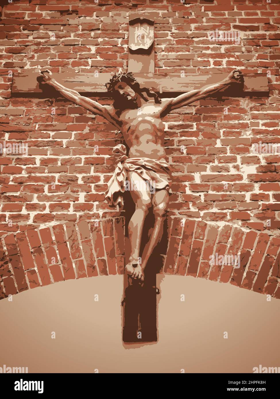 Crucifixion du Christ sur le mur de brique rouge. Il est ressuscité, carte de vœux de la semaine sainte avec Jésus sur fond de croix et de pierre. Illustration vectorielle Illustration de Vecteur