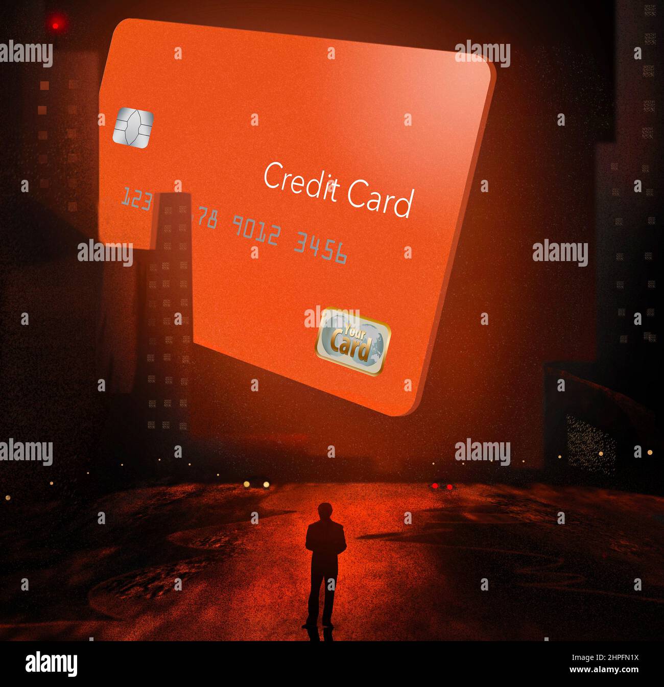 Une carte de crédit spéciale apparaît dans une taille énorme dans un cadre urbain la nuit dans une illustration de 3-d au sujet des cartes de crédit qui sont uniques et précieux pour le Banque D'Images