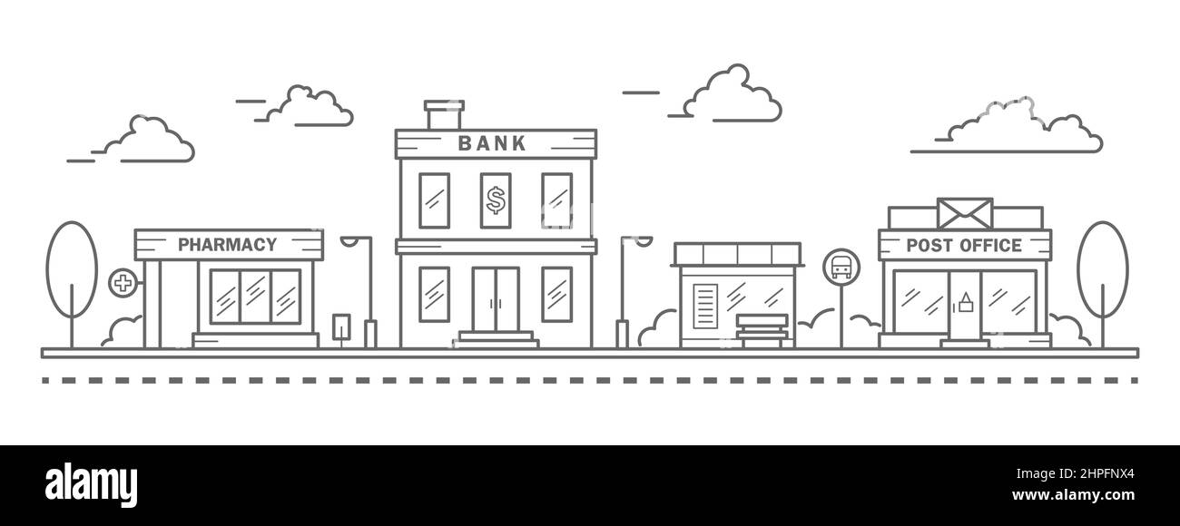 Vue sur la ville dans un style art de ligne. Paysage avec maisons en rangée de banque, pharmacie, arrêt d'autobus et bureau de poste. Panorama horizontal de la rue. Illustration vectorielle Illustration de Vecteur