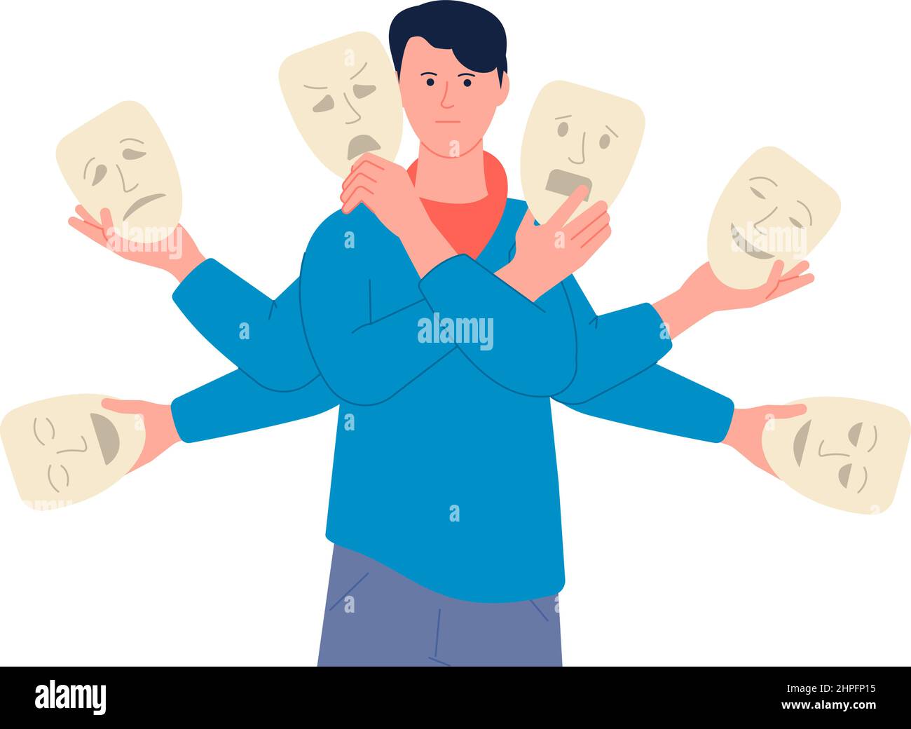 Fausses émotions. Masque de visage changer de personne, diverses émotions ou trouble borderline. La personne a beaucoup d'expressions, de colère et de mensonge, concept de vecteur récent Illustration de Vecteur