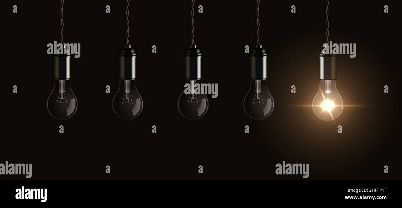 Les ampoules sont suspendues à l'illustration vectorielle du plafond. 3D lampes électriques en verre réalistes avec une ampoule lumineuse, symbole de l'innovation créative, Illustration de Vecteur