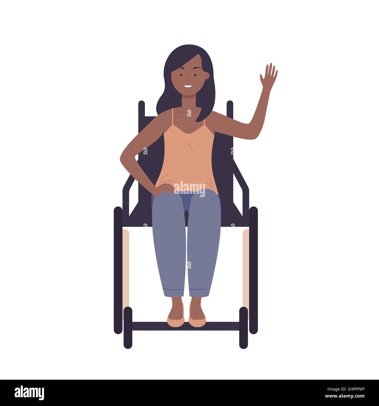 Fille noire handicapée en fauteuil roulant, saluant. Dame avec un handicap de mobilité en signe de bonjour illustration vectorielle de dessin animé Illustration de Vecteur