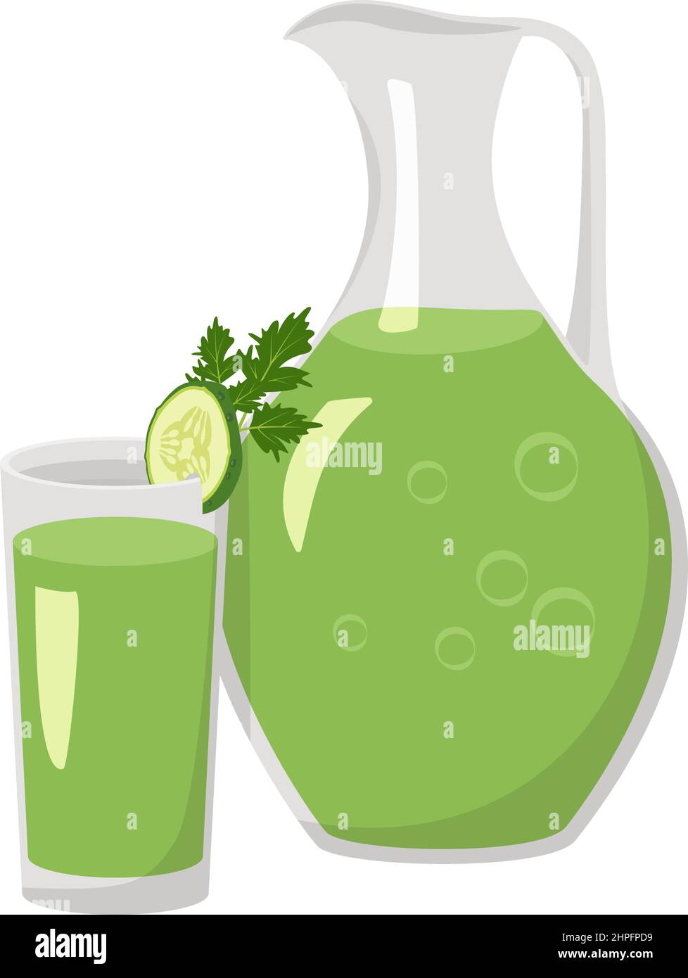 Pichet et verre avec jus de concombre vert sain, boisson de perte de poids avec antioxydants. Délicieux produit et boisson saine. Illustration à plat du vecteur alimentaire Illustration de Vecteur