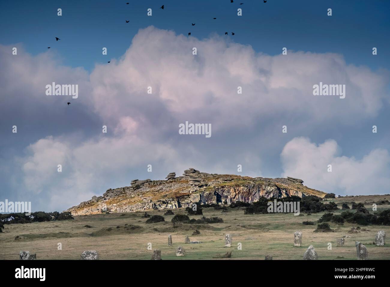 La pierre néolithique entoure les Hurlers et la carrière de granit sauvage sur Stowe Hill sur Bodmin Moor dans Cornwall en arrière-plan au Royaume-Uni. Banque D'Images