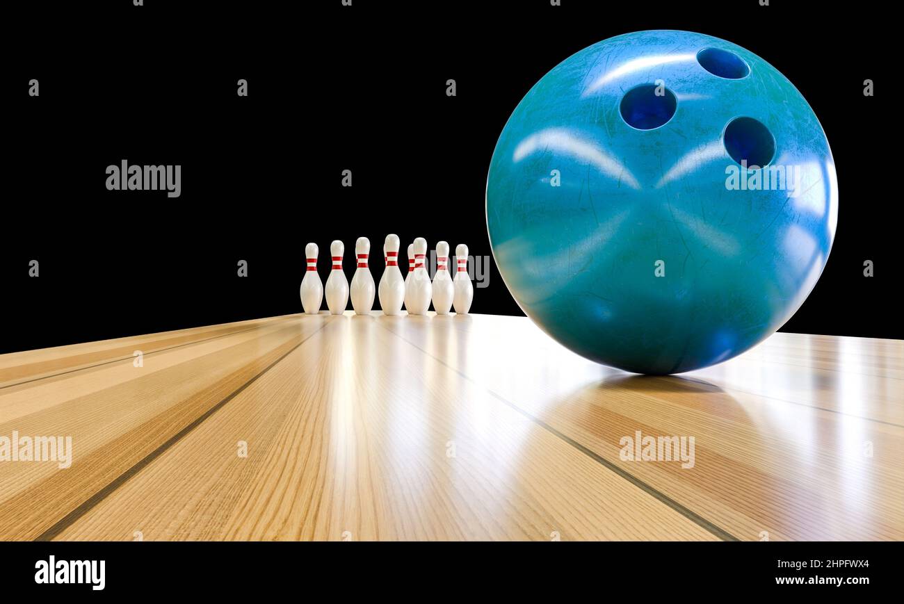 piste de bowling avec ballon et quilles. 3d rendu Banque D'Images