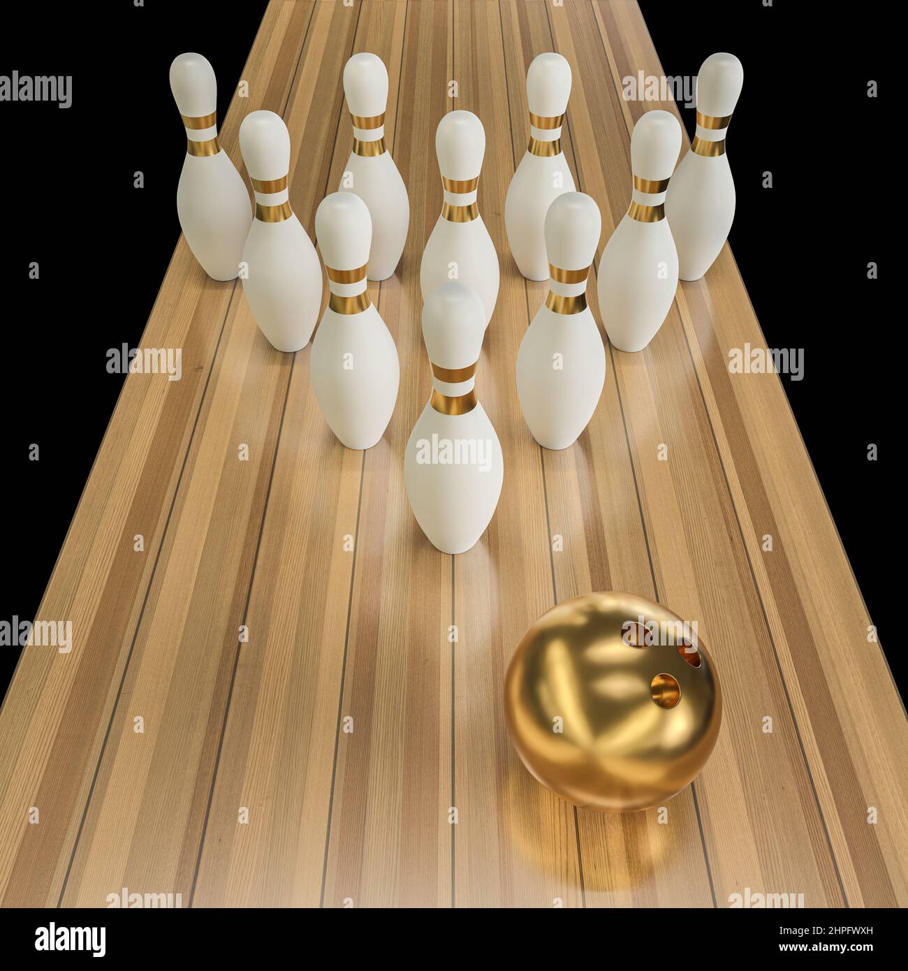 boule de bowling en or et quilles blanches et dorées. 3d rendu Banque D'Images