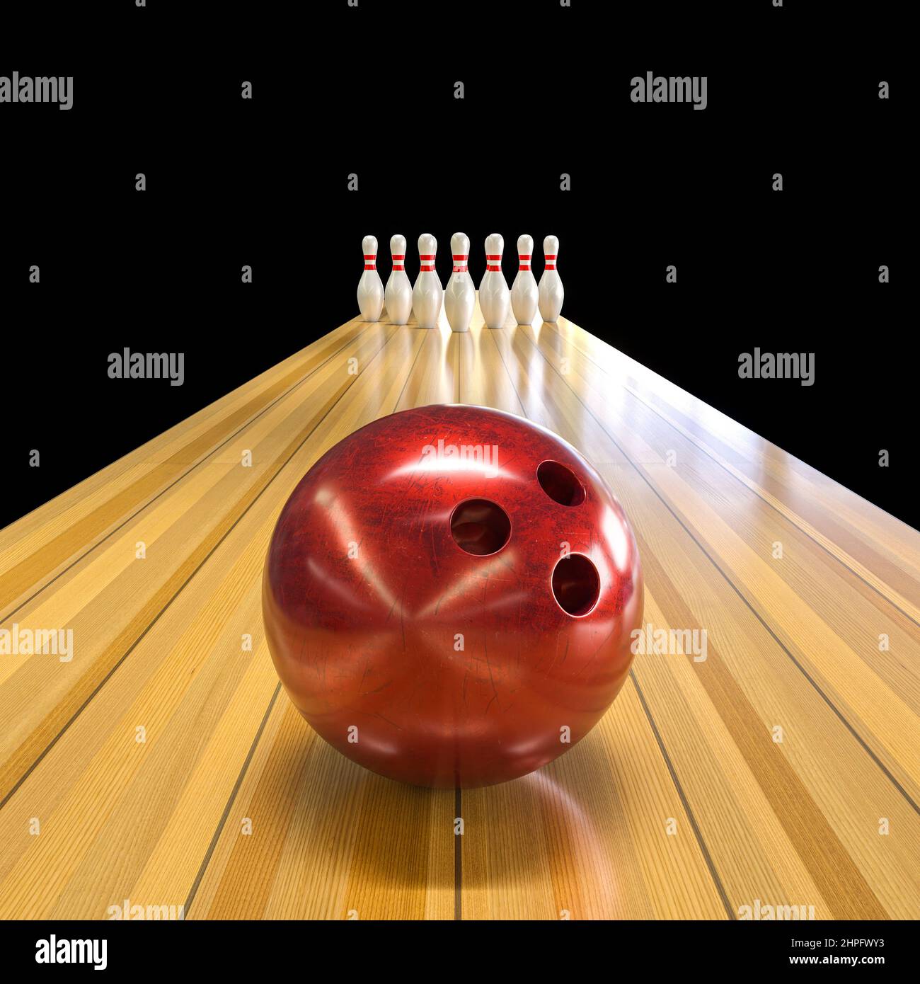 boule de bowling rouge avec piste et piste de skittles classiques. 3d rendu Banque D'Images