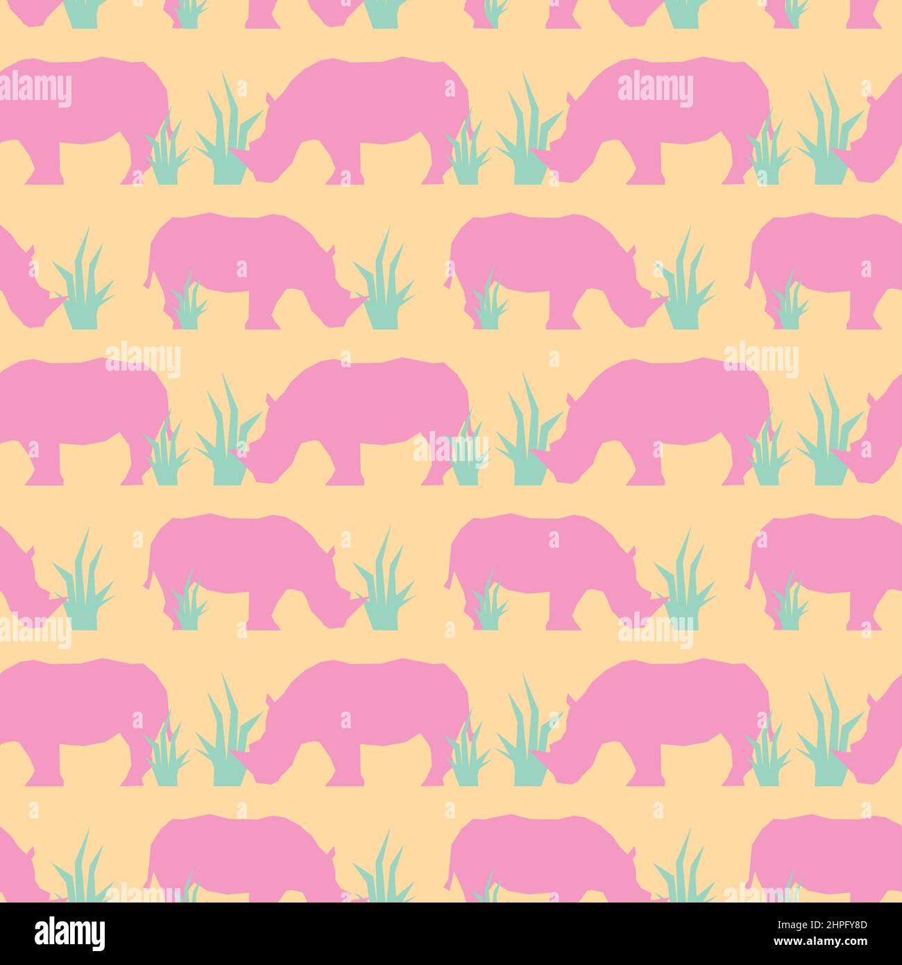 Joli motif vectoriel de rhinocéros roses mangeant de l'herbe, sans couture avec forme simple de rhinocéros roses sur le fond brun clair. Banque D'Images