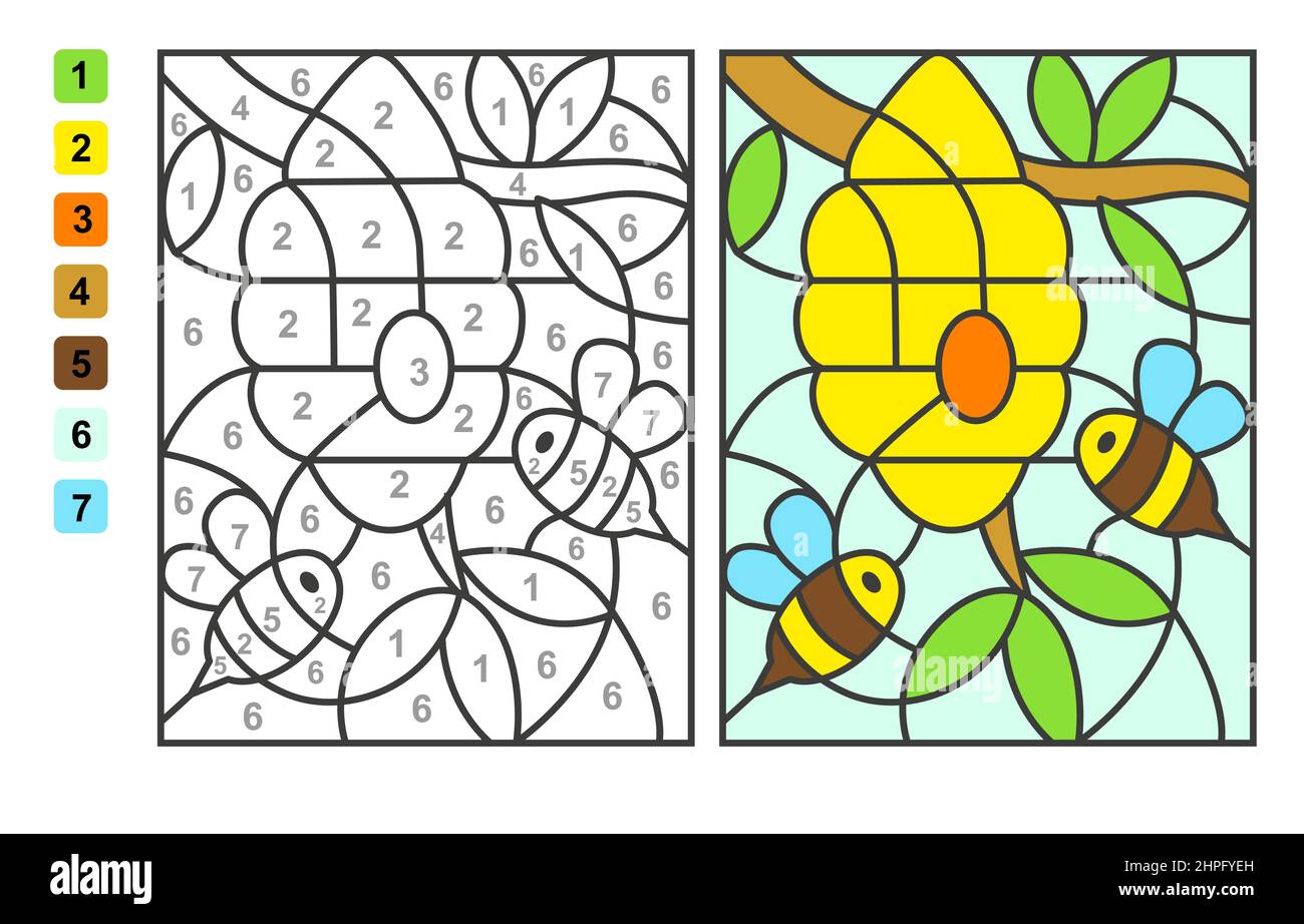Couleur par nombre insecte abeille. Jeu de puzzle pour l'éducation des enfants, le dessin et l'apprentissage des mathématiques Illustration de Vecteur