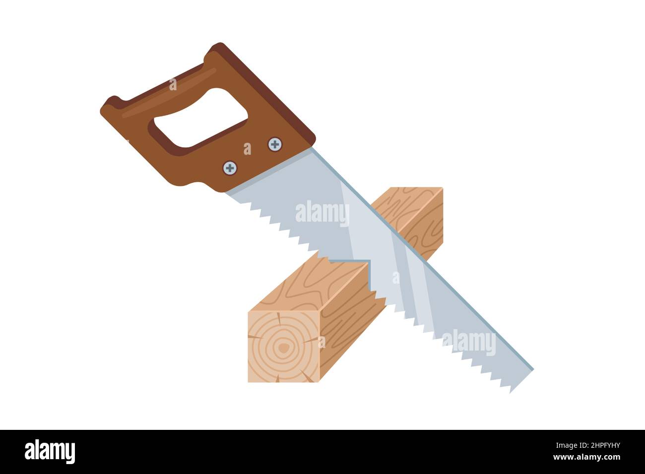 une scie à main scie un bloc de bois. menuiserie. illustration vectorielle plate. Illustration de Vecteur