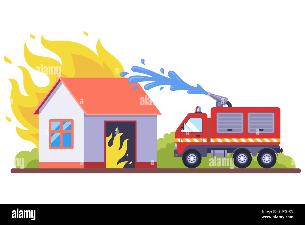 les pompiers éteignent une maison en bois. tuyau d'incendie avec de l'eau. illustration vectorielle plate. Illustration de Vecteur