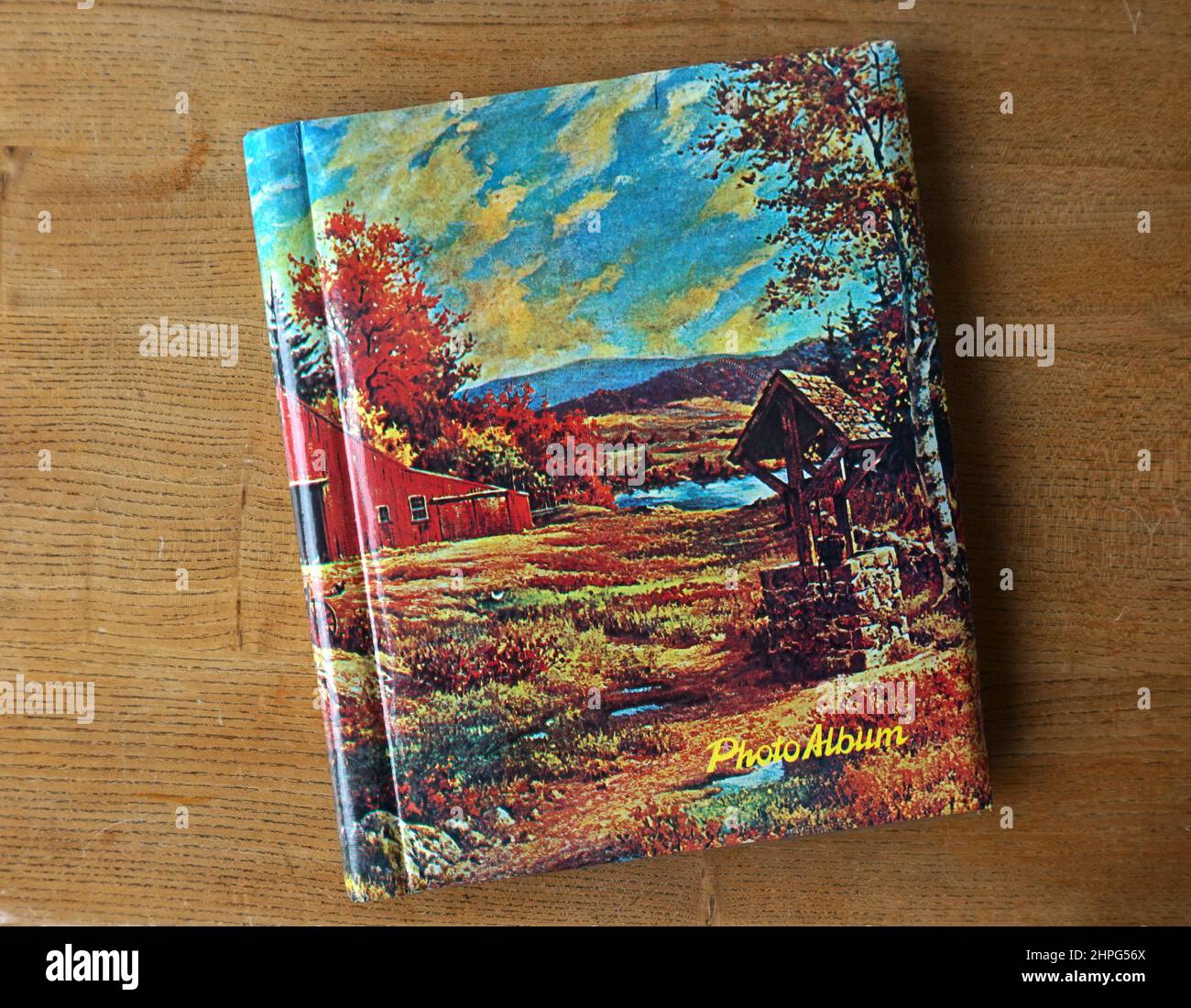 Albums photo vintage, de la trentaine aux années 70. Album auto-adhésif. Étrange peinture rustique sur le devant. Superbe photo de blocage d'or. Banque D'Images