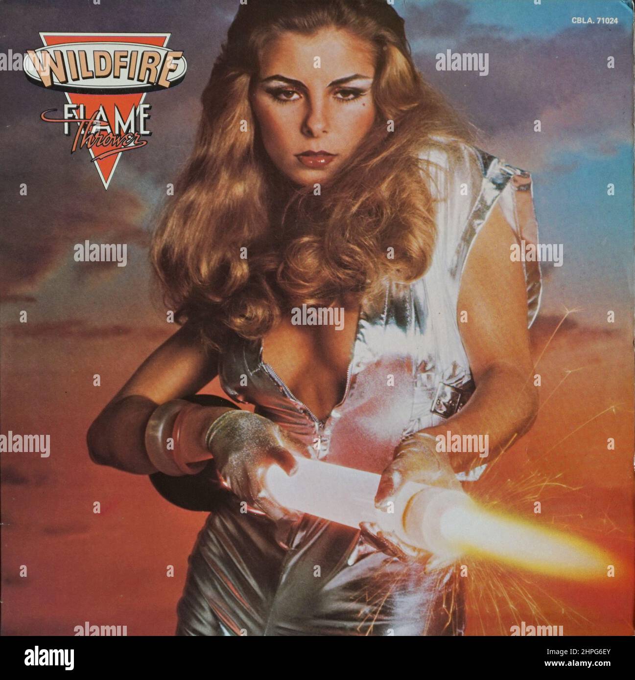 Pochette d'album fabuleusement sudiste, 1977 AOR rock sur Casablanca. Direction artistique Jim Evans, Ron Slenzak photographie, Direction artistique et Design by Gribbit! Ron Slenzak photo couverture portraits pour des centaines de manches sur 40 ans ou plus. Les vêtements sont purs Top of the POPS Cover album glitz, avec ombre à paupières pailletée, rouge à lèvres brillant, combinaison argentée à fermeture éclair et gants argentés. Ciel de coucher de soleil. Banque D'Images