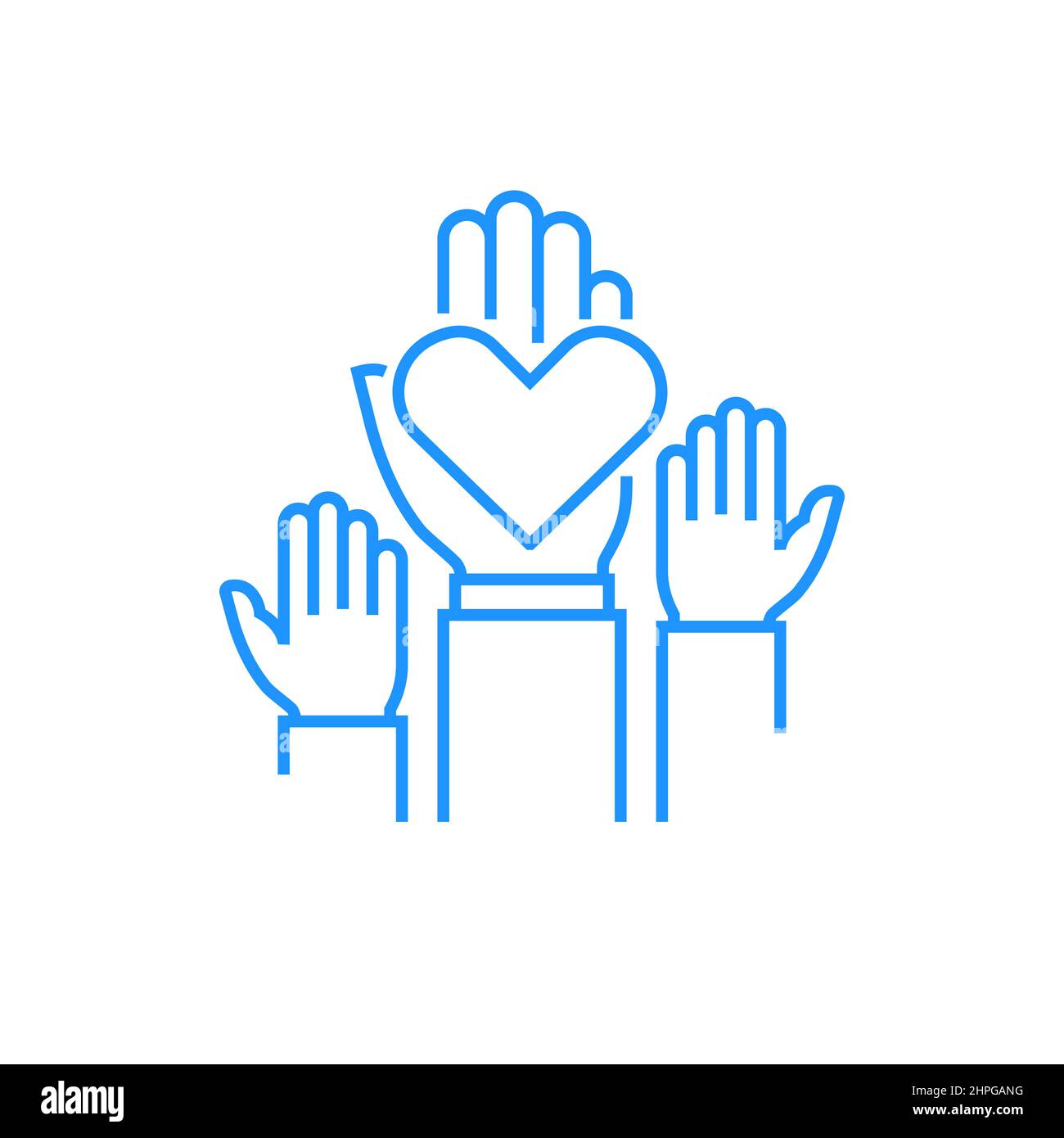 Entretien des fauteuils roulants - icône moderne de style bleu sur fond blanc. Image nette de trois mains. Deux enfants et un de leurs parents tenant un cœur. Uni Illustration de Vecteur