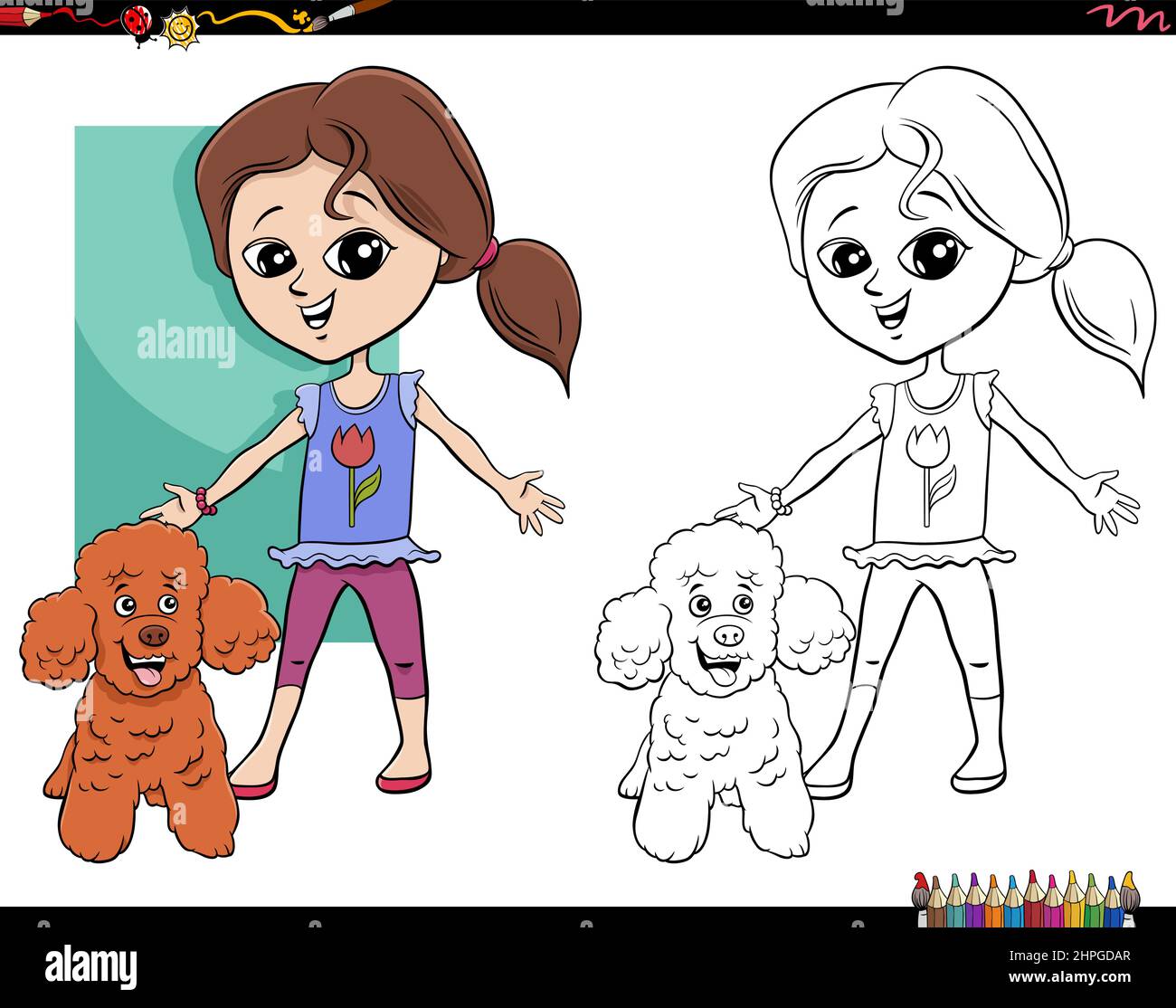 Illustration de dessin animé de la fille avec sa page de livre de coloriage de chien de caniche Illustration de Vecteur