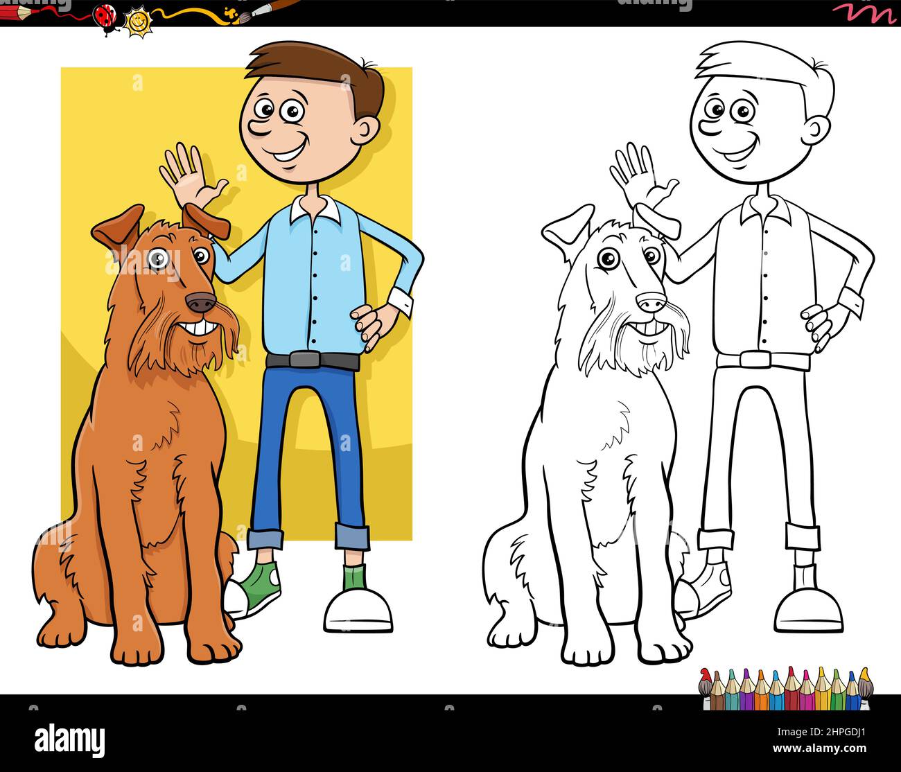 Illustration de dessin animé de garçon adolescent avec sa page de livre de coloriage de chien Illustration de Vecteur