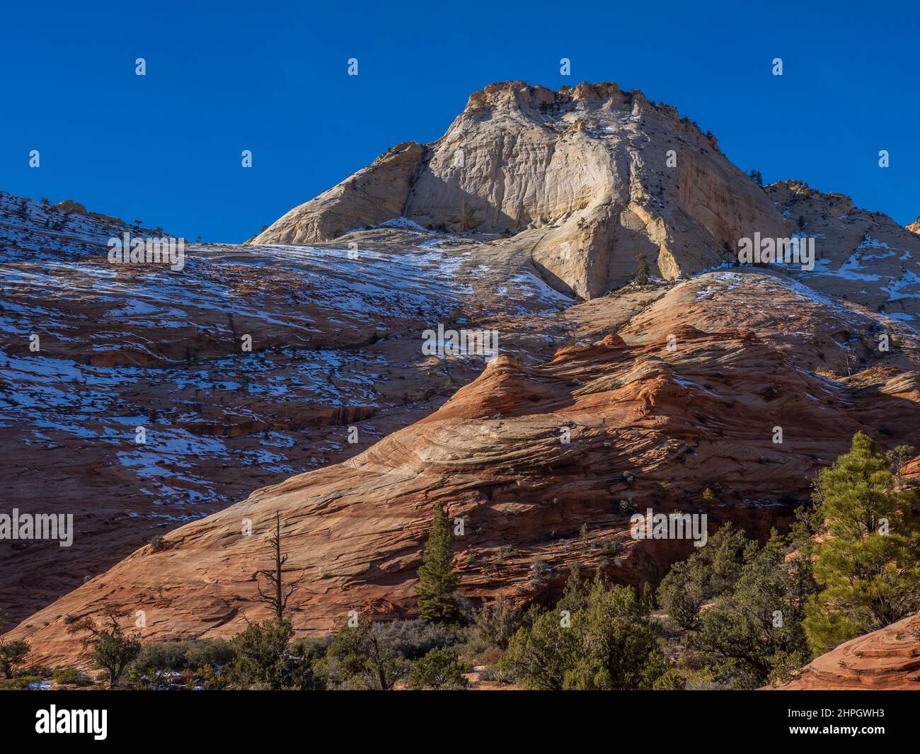 Falaises le long de la route de Zion-Mount Carmel, en hiver, parc national de Zion, Utah. Banque D'Images