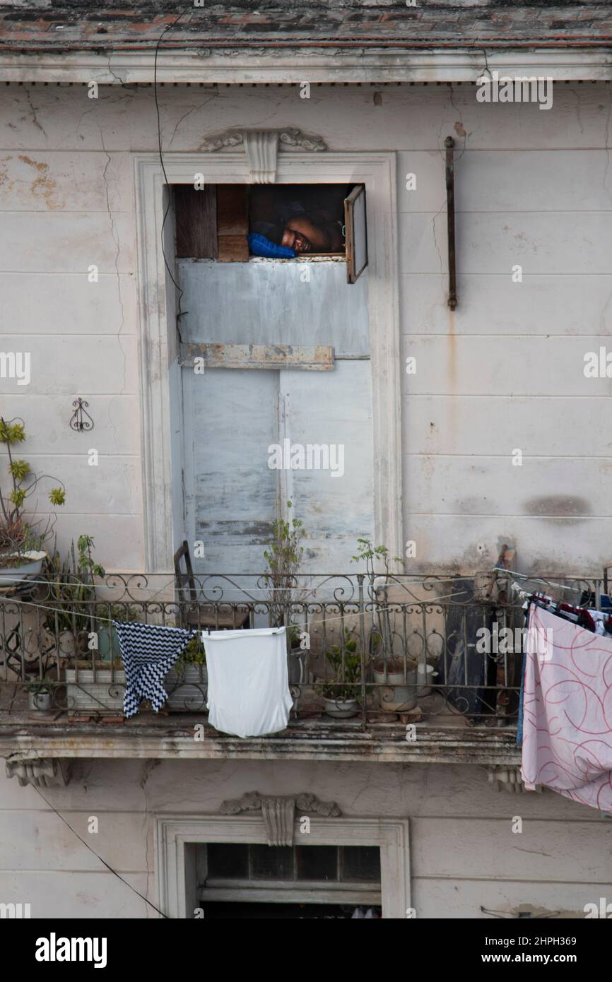 Homme endormi dans la fenêtre de son immeuble à la Havane, Cuba. Banque D'Images