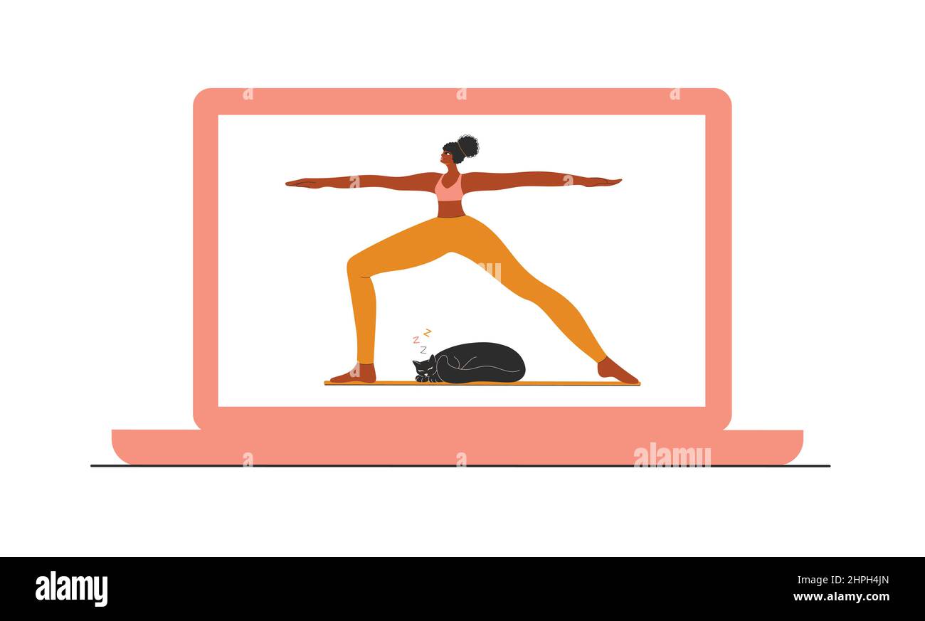 Femme afro-américaine faisant du yoga à la maison. Illustration de Vecteur