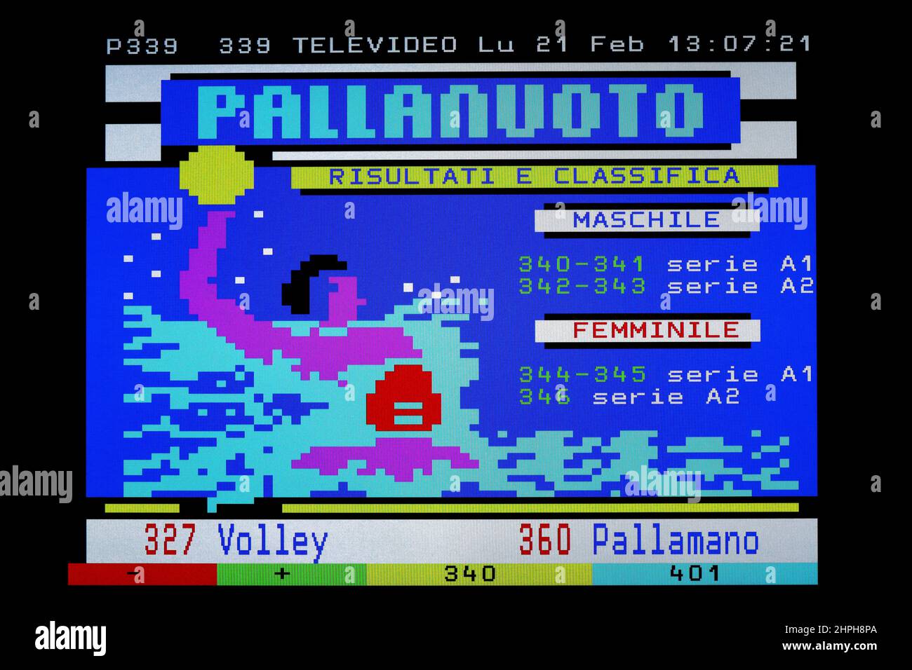 TÉLÉTEXTE index sport de Water Polo Televideo RAI émission publique italienne. Photo originale avec écran graphique simple d'une couleur de téléviseur vintage Banque D'Images