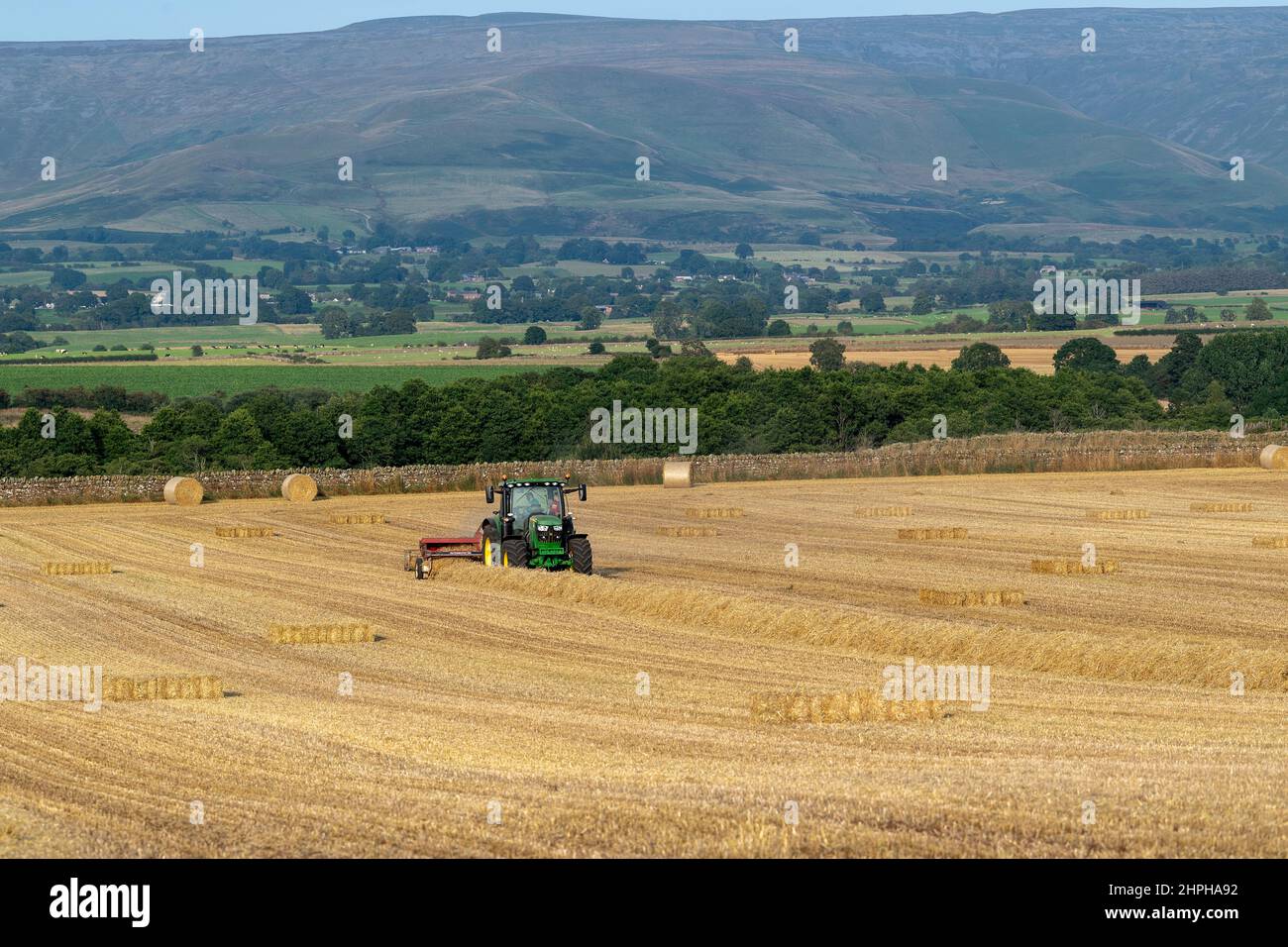 Réalisation de balles de paille pour la litière d'animaux avec un tracteur John Deere 6130R et une ancienne presse internationale et un système plat 8. Eden Valley, Cumbria, Royaume-Uni. Banque D'Images